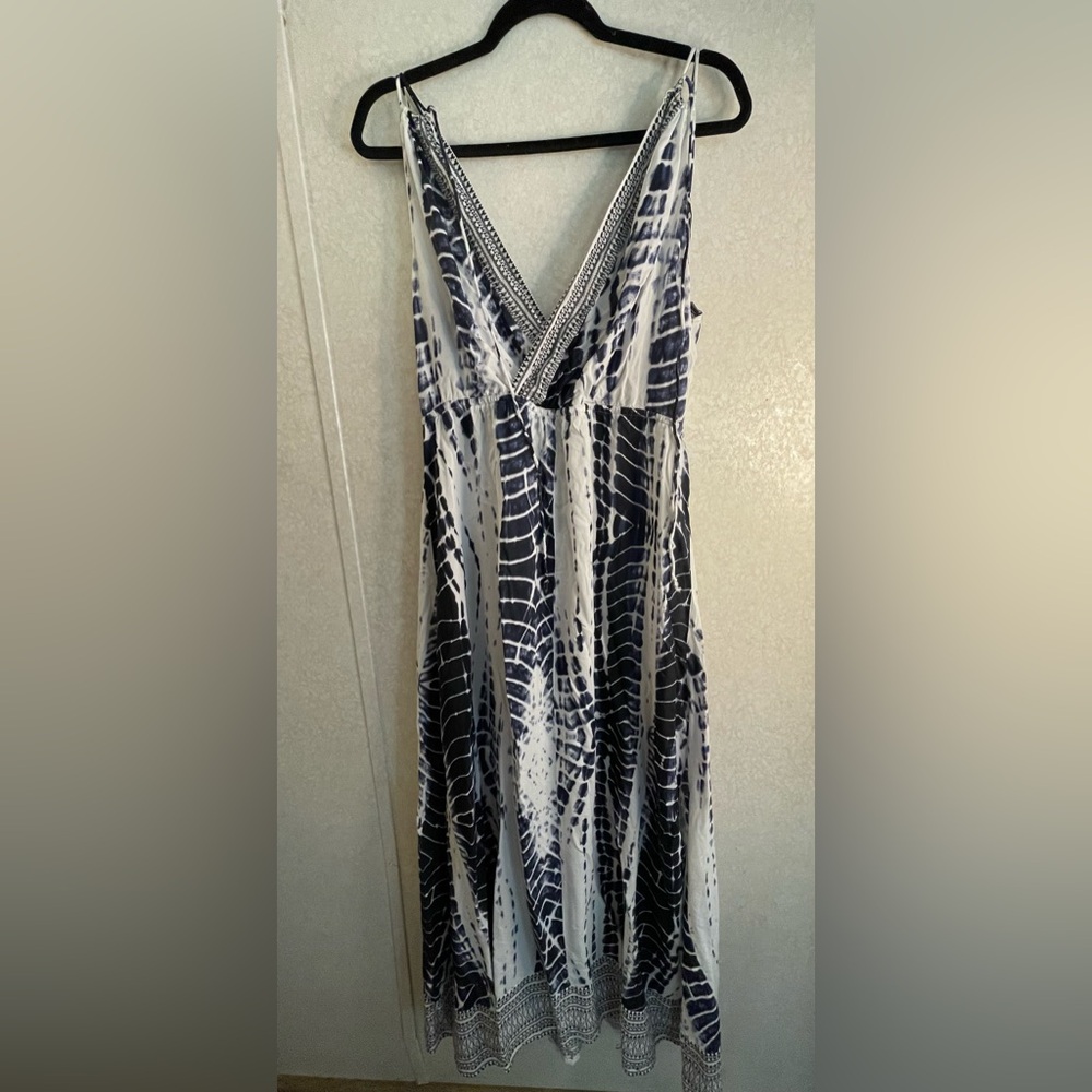 Venus Blue & White Large Tie Dye Maxi Dress Boho Side Slit Y2K Beach Resort - Picture 6 of 9